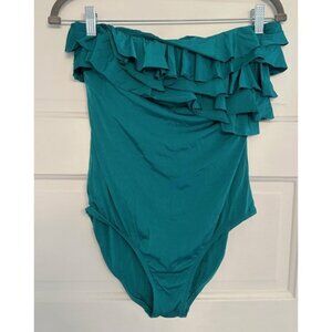 J. Crew. Green Strapless Ruffle-Top One-Piece Swimsuit. Size 10.